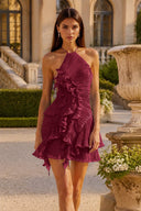 Calista Halter Pleated Ruffle Mini Dress