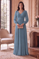 Evelyn V-Neck Long Sleeve Chiffon Mother of the Bride Dress