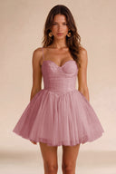 Seraphina Spaghetti Strap Ruched Tulle Mini Dress