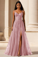 Elowen Lace Tulle Slit Prom Gown