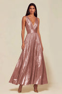 Athena Metallic Pleated Open Back Evening Maxi Dress