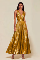 Athena Metallic Pleated Open Back Evening Maxi Dress