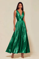 Athena Metallic Pleated Open Back Evening Maxi Dress