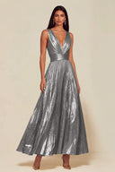 Athena Metallic Pleated Open Back Evening Maxi Dress