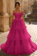 Celestina Off-Shoulder Tiered Tulle Ballgown