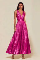 Athena Metallic Pleated Open Back Evening Maxi Dress