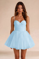 Seraphina Spaghetti Strap Ruched Tulle Mini Dress