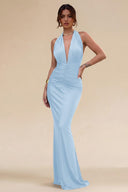 Cleopatra Halter Ruched Plunging Maxi Dress