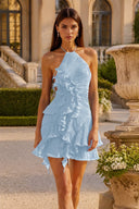Calista Halter Pleated Ruffle Mini Dress