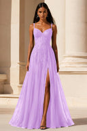 Elowen Lace Tulle Slit Prom Gown