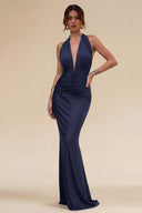 Cleopatra Halter Ruched Plunging Maxi Dress