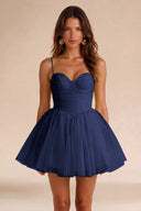 Seraphina Spaghetti Strap Ruched Tulle Mini Dress