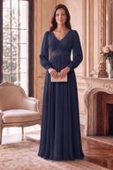 Evelyn V-Neck Long Sleeve Chiffon Mother of the Bride Dress