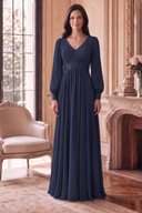 Evelyn V-Neck Long Sleeve Chiffon Mother of the Bride Dress