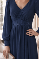 Evelyn V-Neck Long Sleeve Chiffon Mother of the Bride Dress