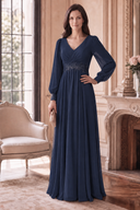 Evelyn V-Neck Long Sleeve Chiffon Mother of the Bride Dress