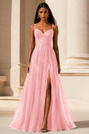 Elowen Lace Tulle Slit Prom Gown