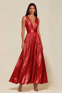 Athena Metallic Pleated Open Back Evening Maxi Dress