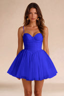 Seraphina Spaghetti Strap Ruched Tulle Mini Dress