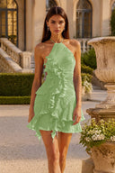 Calista Halter Pleated Ruffle Mini Dress