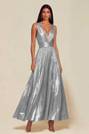 Athena Metallic Pleated Open Back Evening Maxi Dress