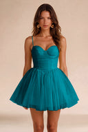 Seraphina Spaghetti Strap Ruched Tulle Mini Dress