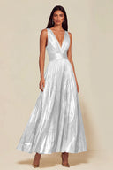 Athena Metallic Pleated Open Back Evening Maxi Dress