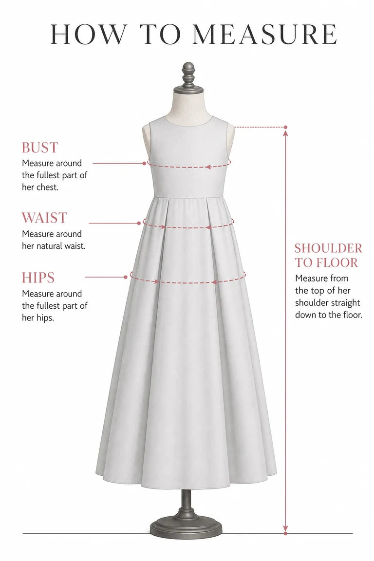 Flower girl dress measurement guide for bust, waist, hips and shoulder-to-floor length