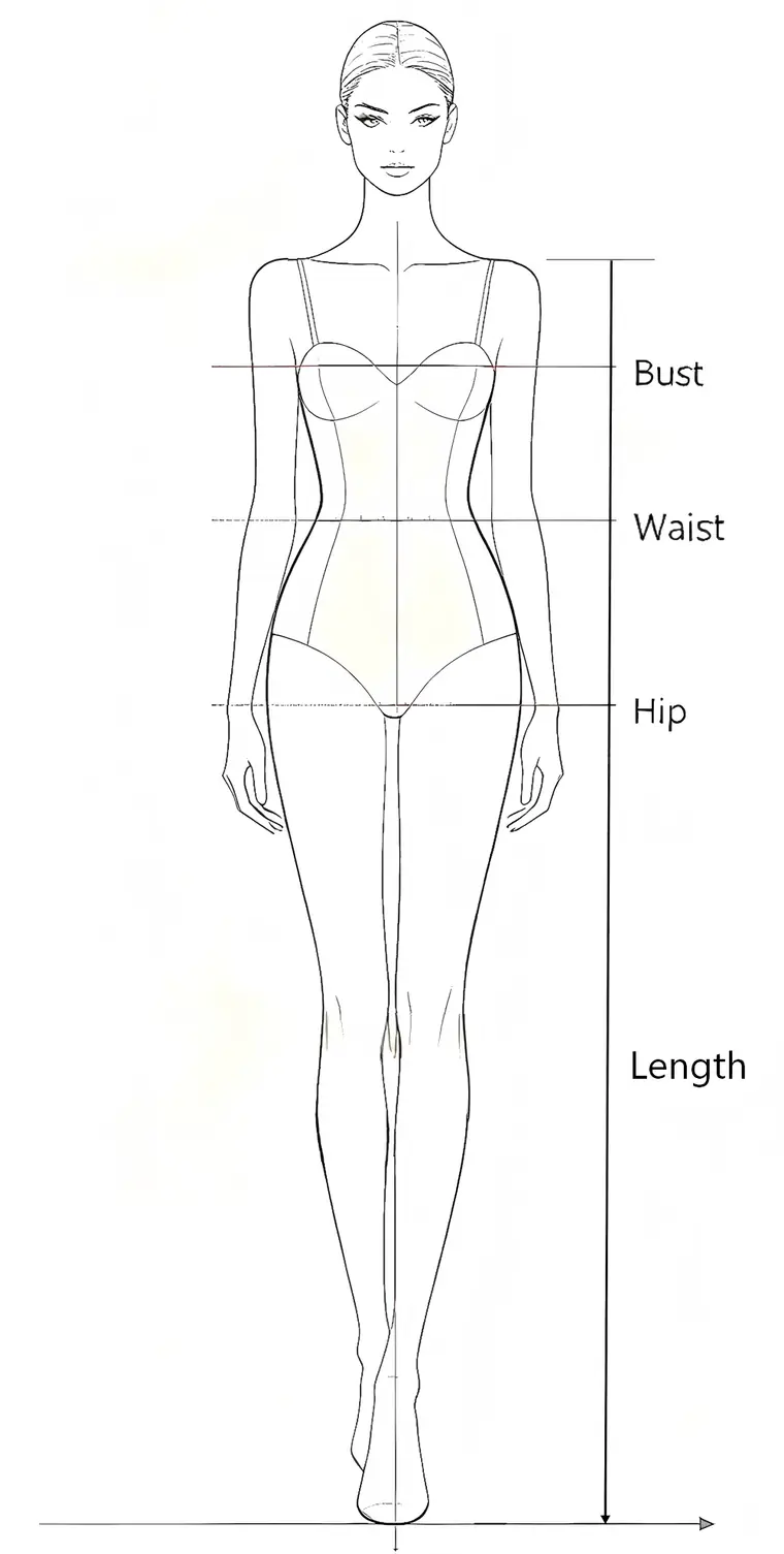 Body measurement points for bust, waist, hips, and barefoot length